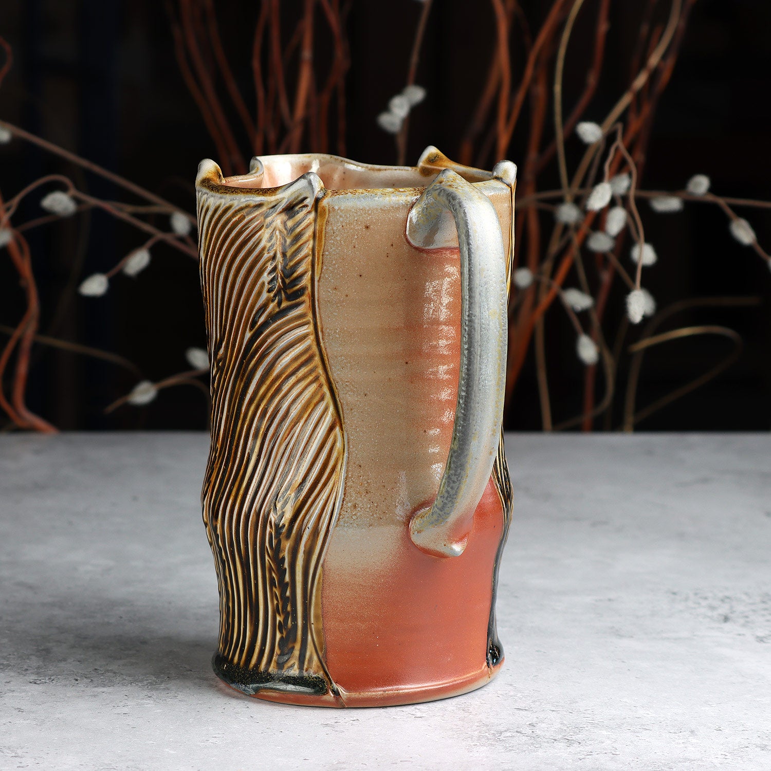 Soda Fired Carved Pitcher