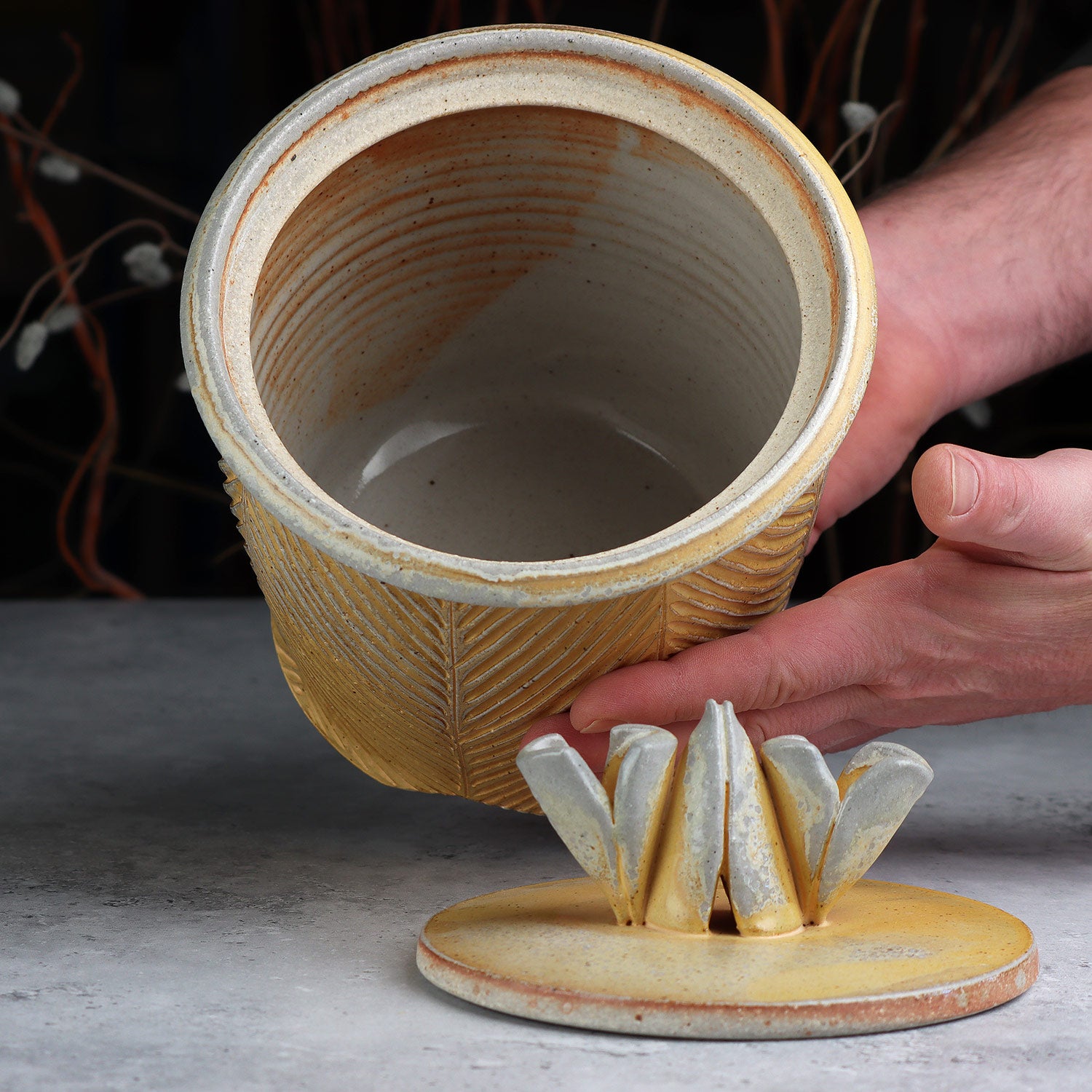 Large Yellow Carved Canister