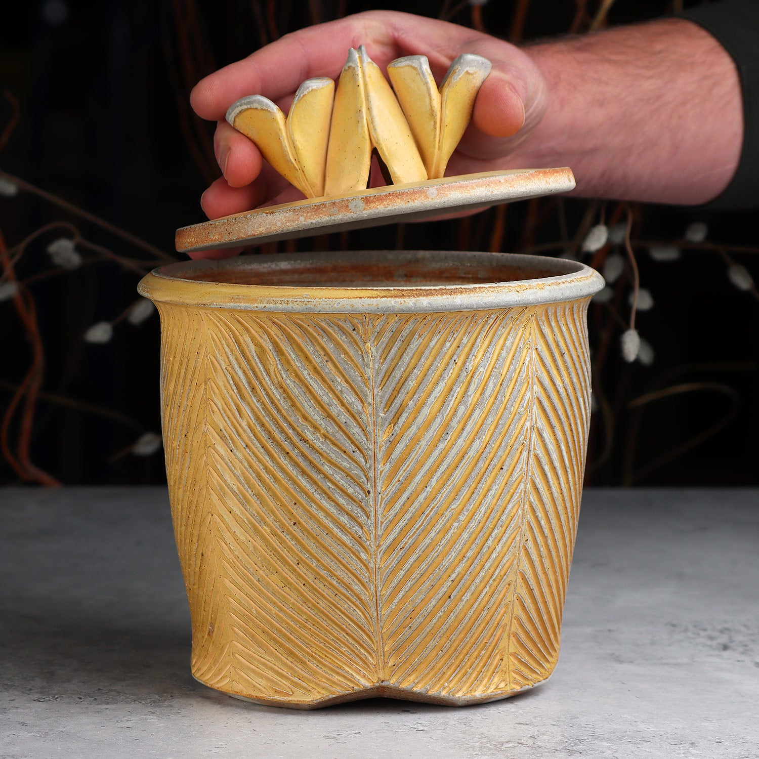 Large Yellow Carved Canister