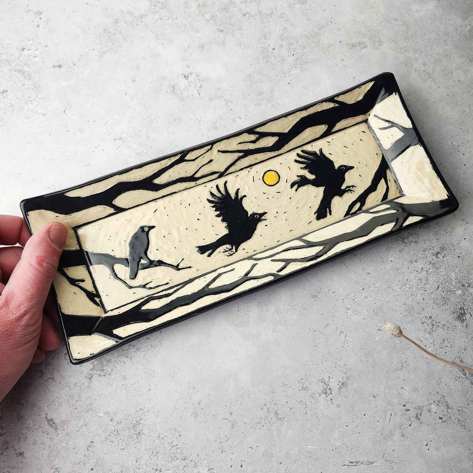 Sgraffito Platter With Flying Raven