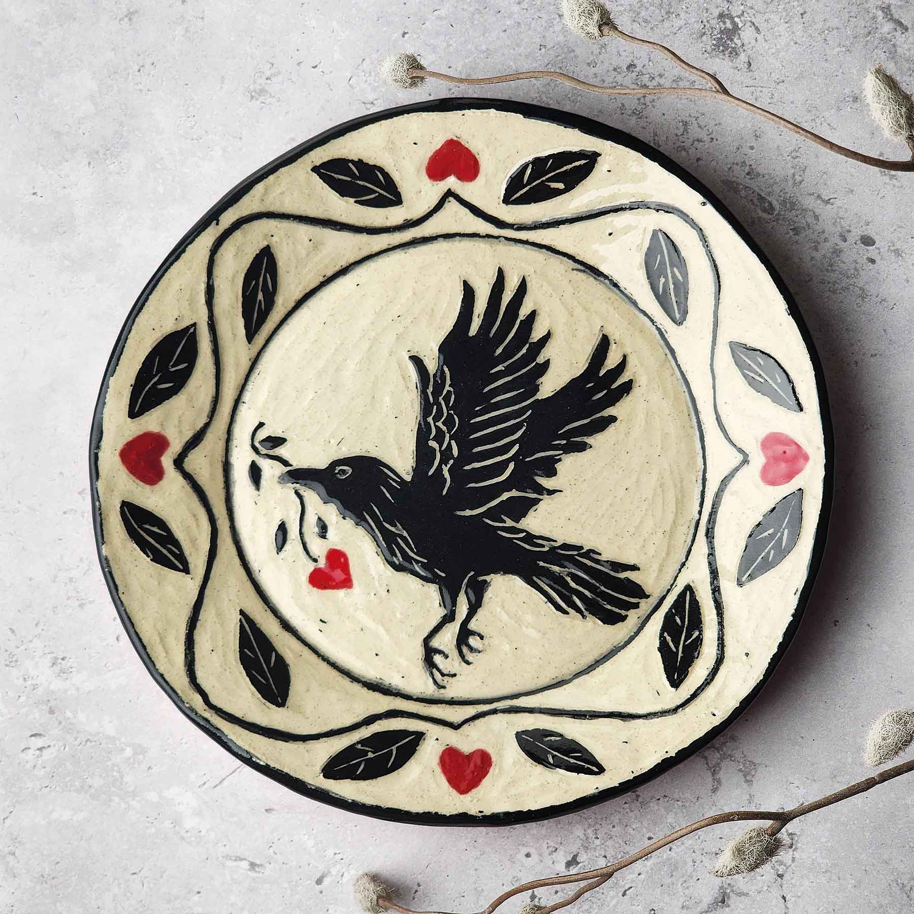 7" Sgraffito Platter With Raven Heart