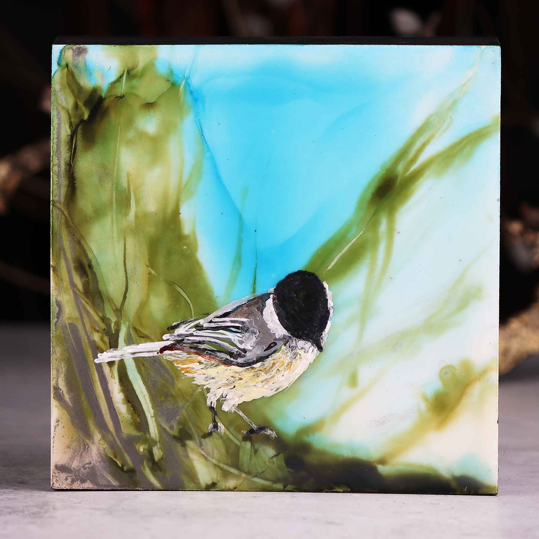 Chickadee Looking Down, 6X6