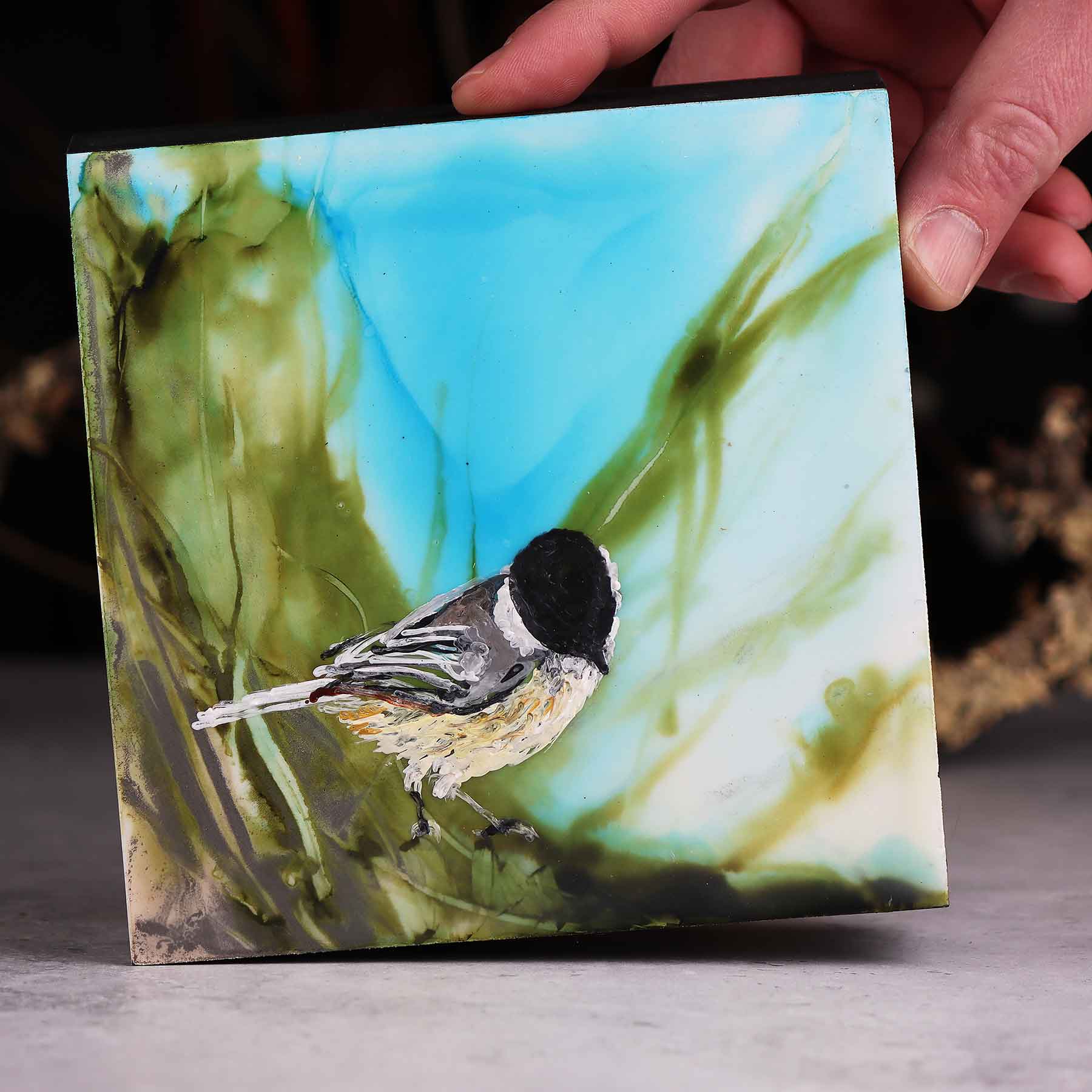 Chickadee Looking Down, 6X6