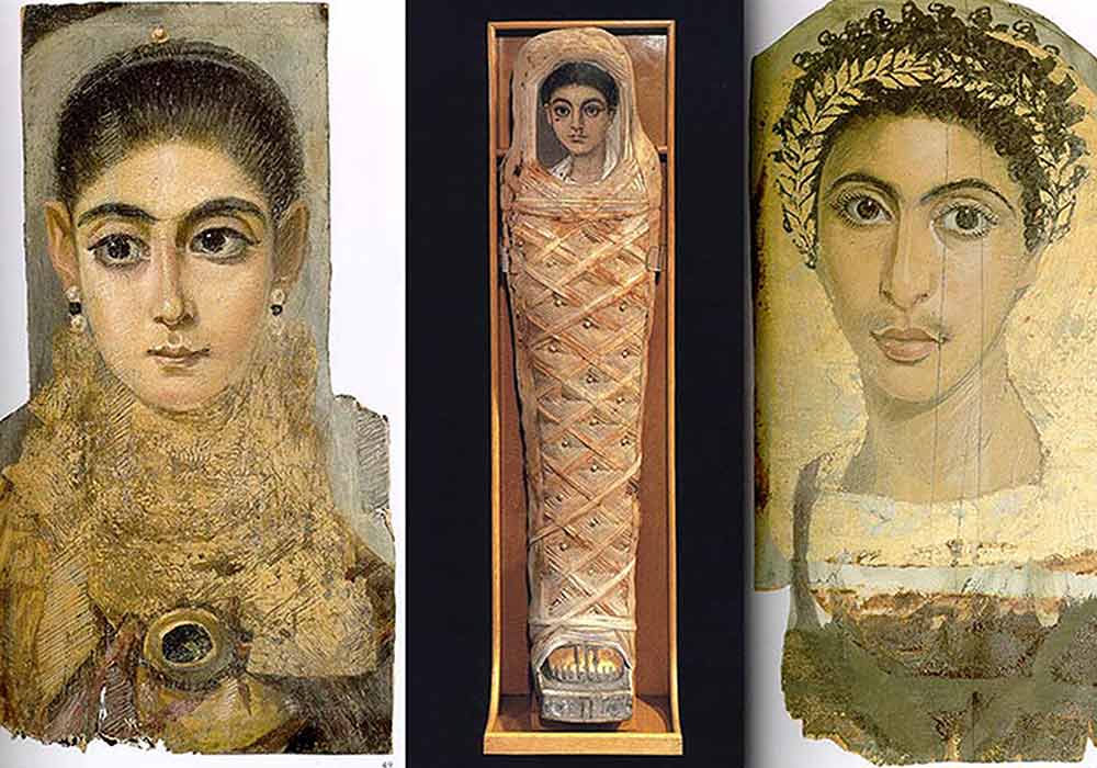 Left: Fayum mummy portrait of a young woman, 3rd century.  Middle: Fayum mummy portrait.  Right: Heavily gilt portrait.