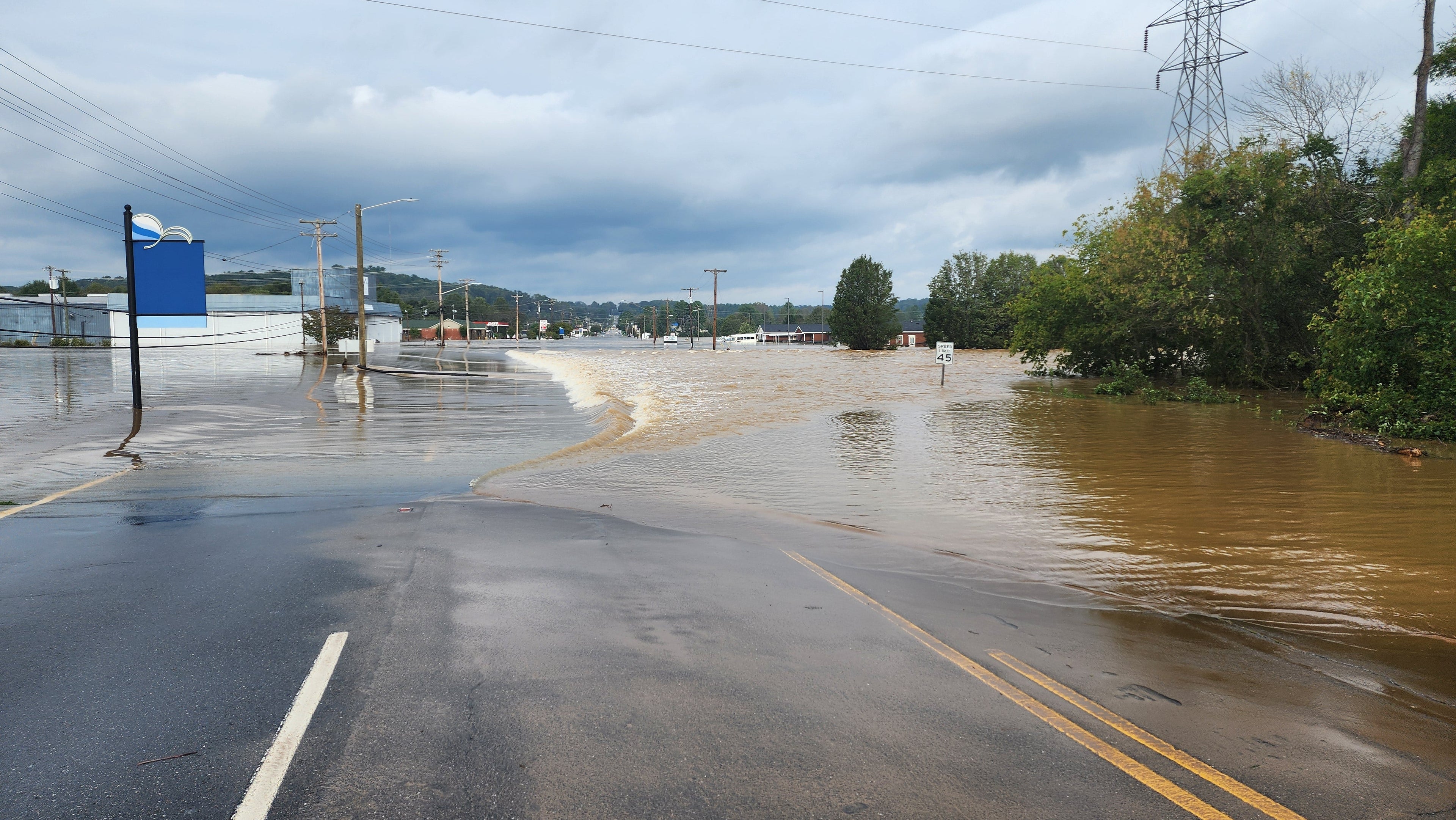 North Green Street in Morganton, North Carolina, covered by Hurricane Helene's flood waters along the Catawba River.