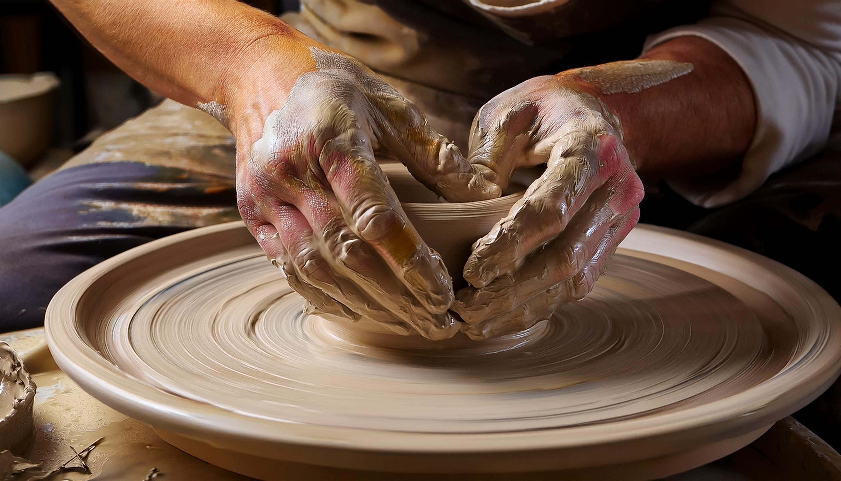 A potter's hands at work shaping clay on a spinning potter's wheel.