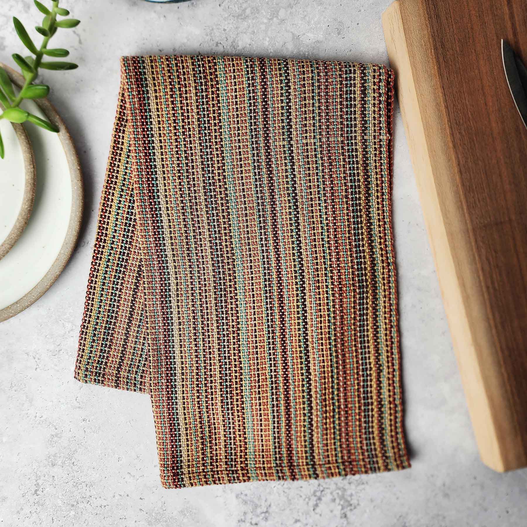 Woven Kitchen Towel; Wheat/Teal Striped