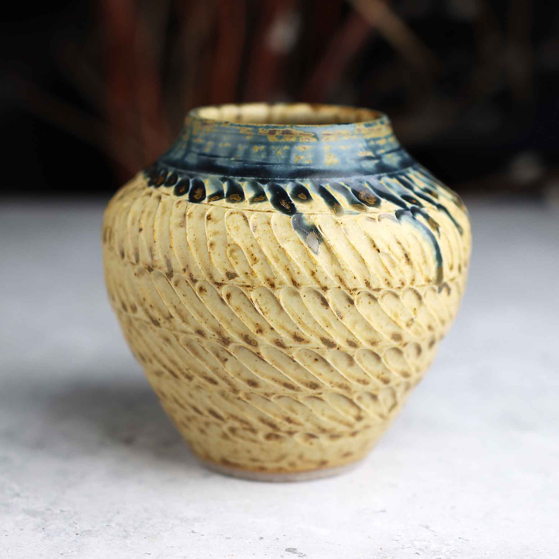 Yellow Blue Ash Carved Vase