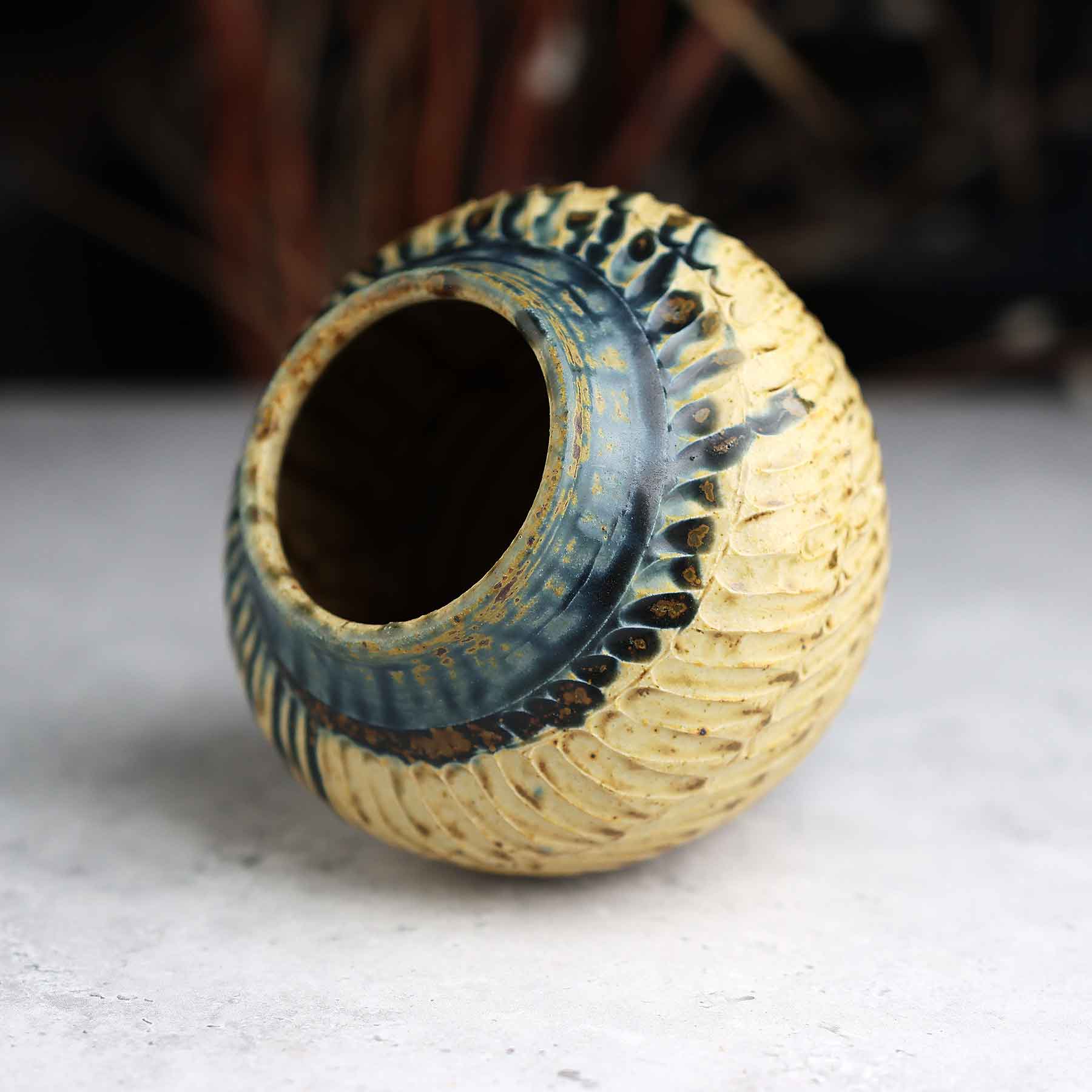 Yellow Blue Ash Carved Vase