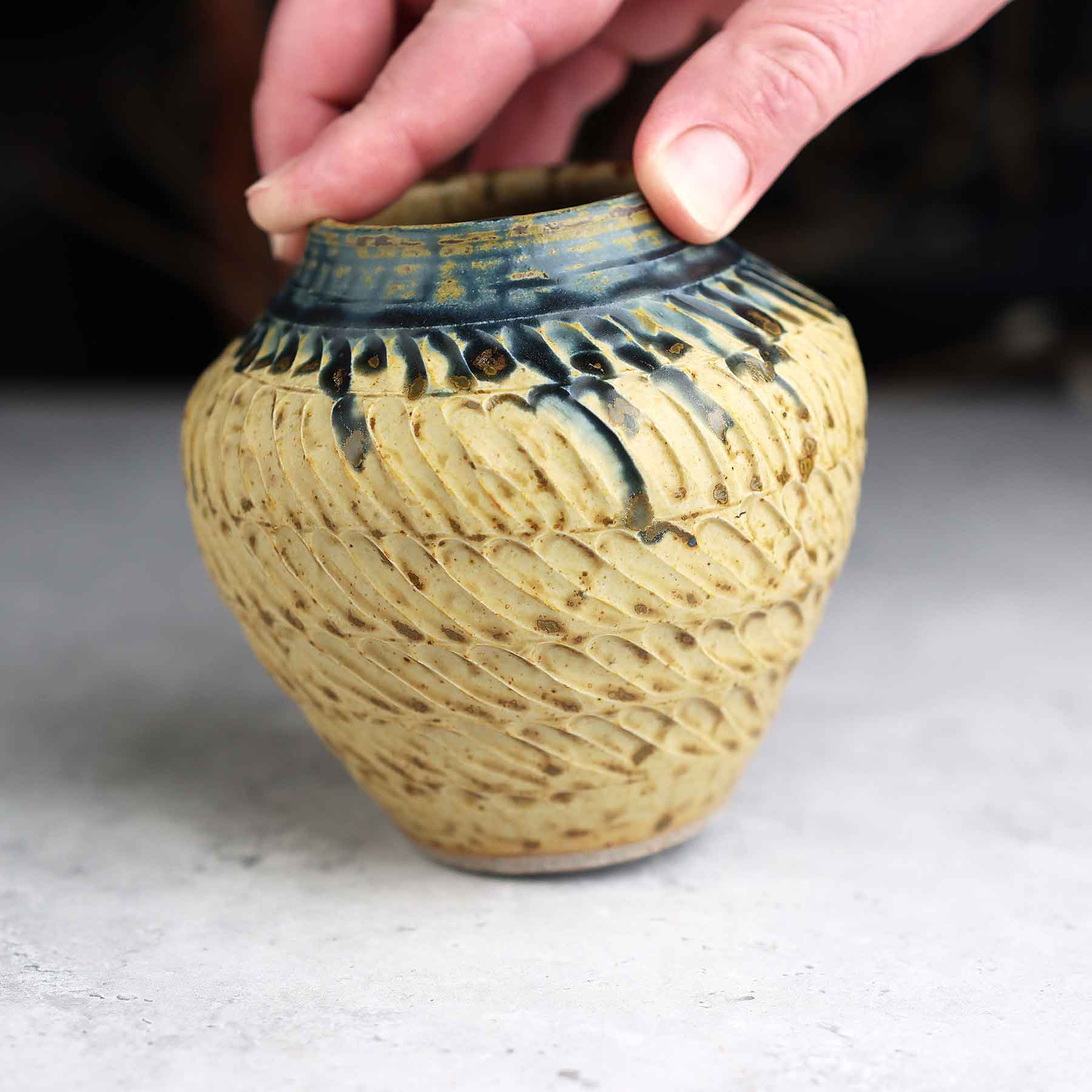 Yellow Blue Ash Carved Vase