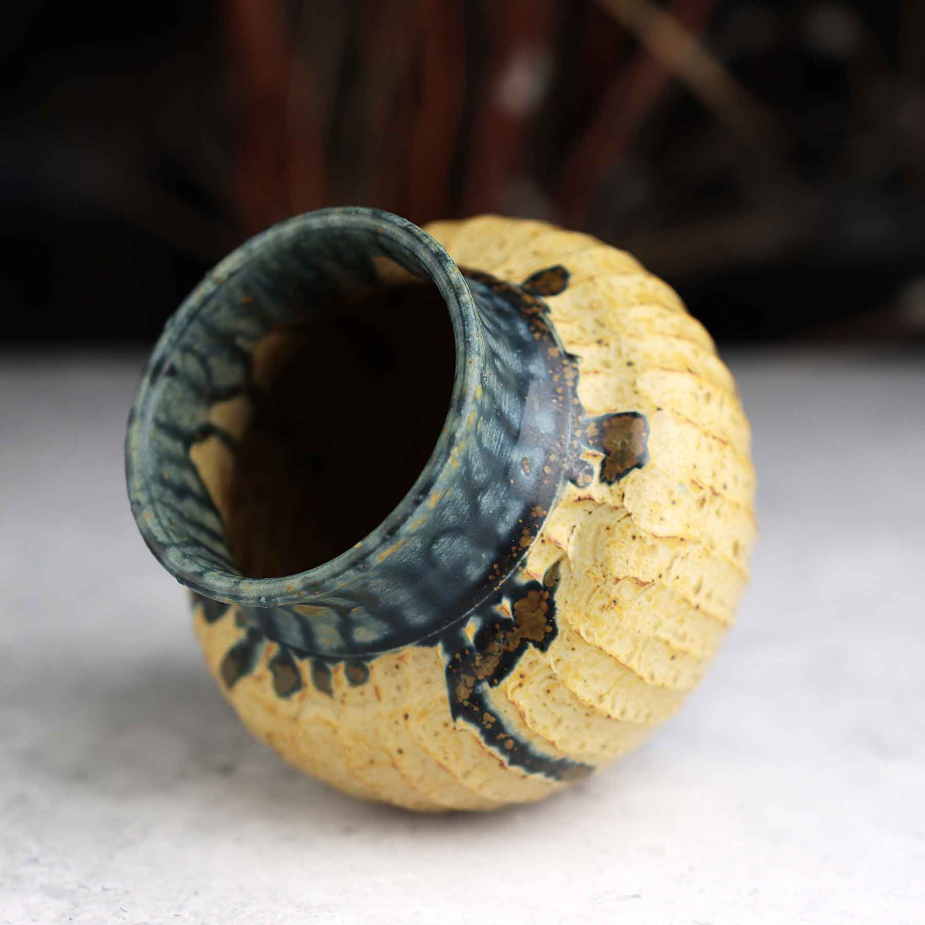Yellow Blue Ash Carved Vase