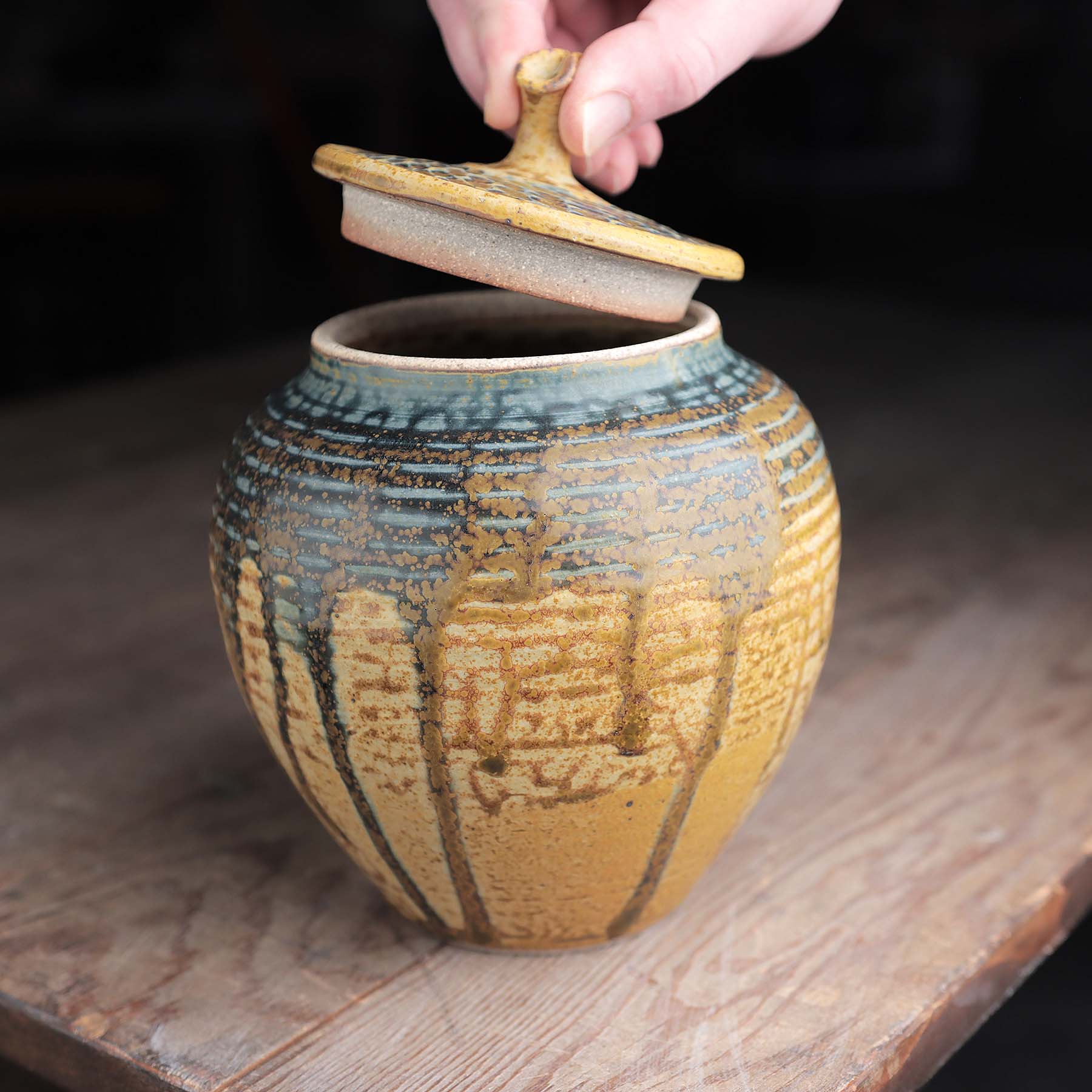 Lidded Jar in Yellow Blue Ash