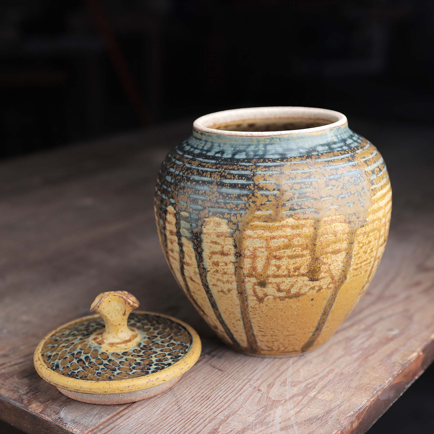 Lidded Jar in Yellow Blue Ash