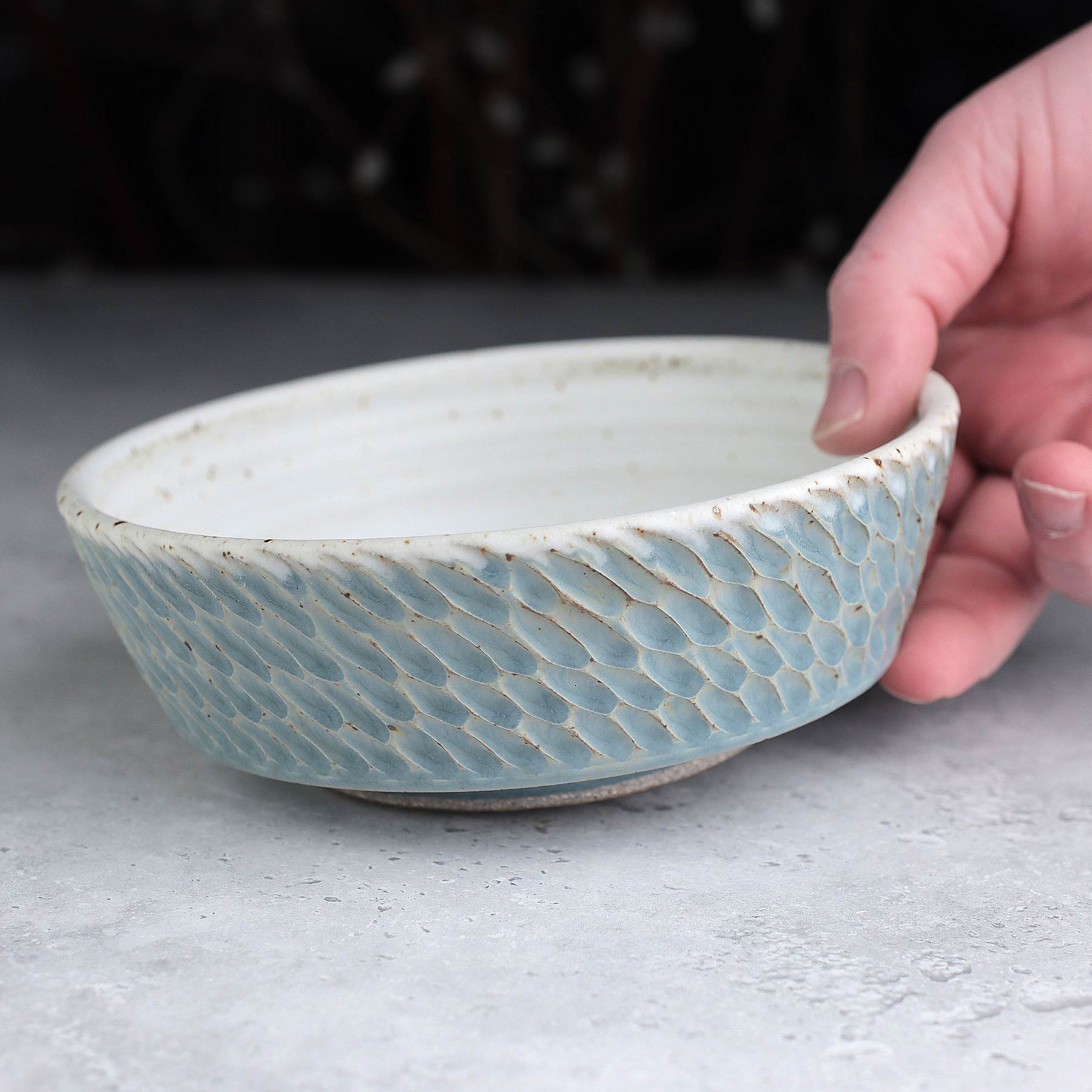 Scalloped Serving Bowl in Light Blue Ash & White