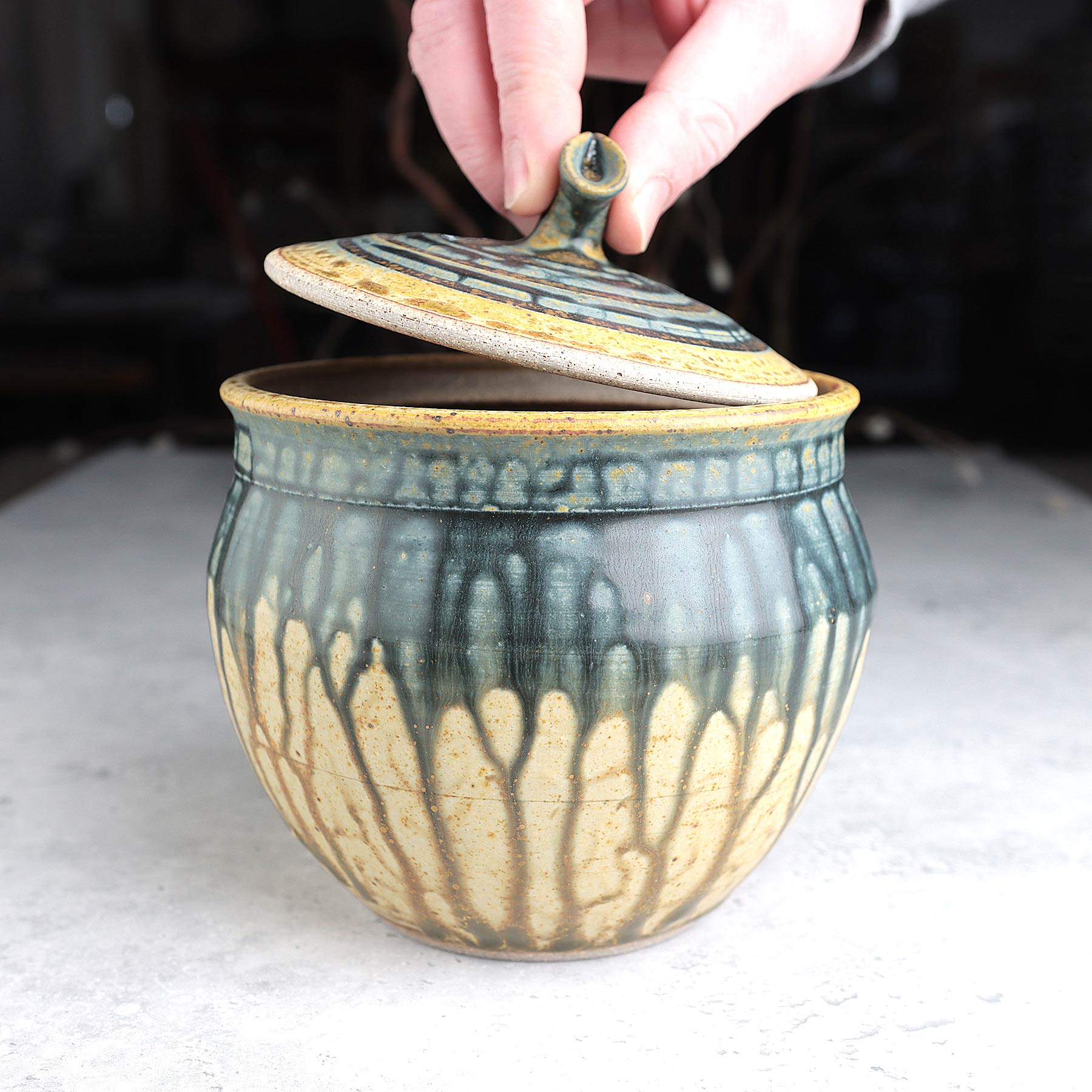 Medium Lidded Jar in Yellow Blue Ash