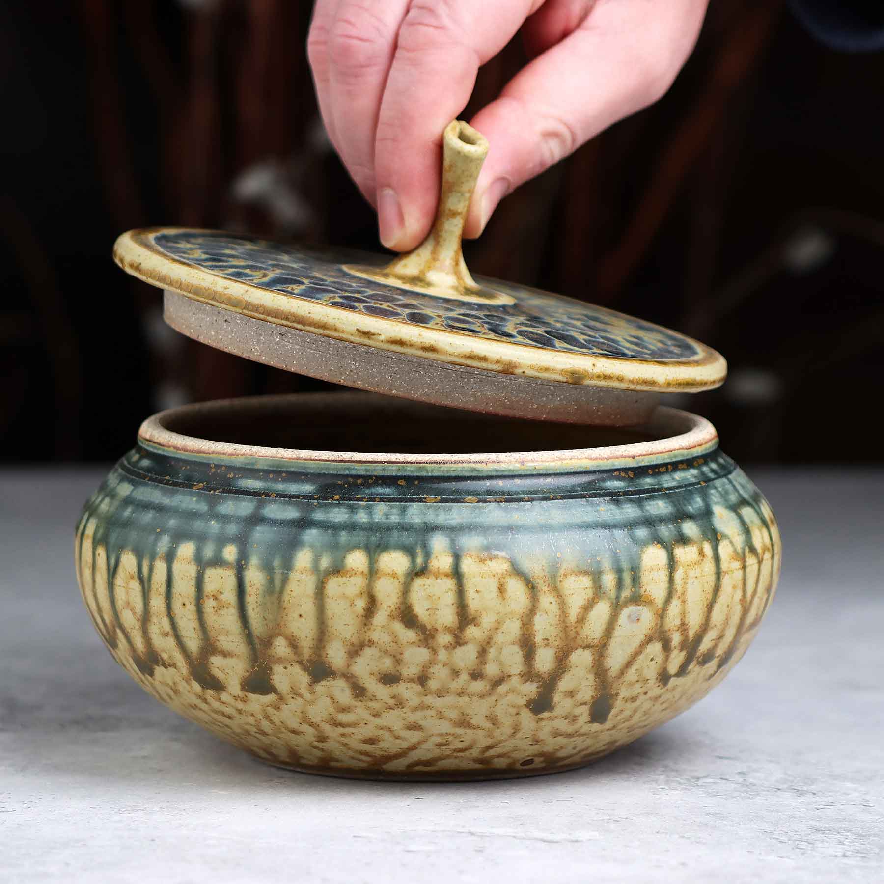 Textured Lidded Jar in Yellow Blue Ash