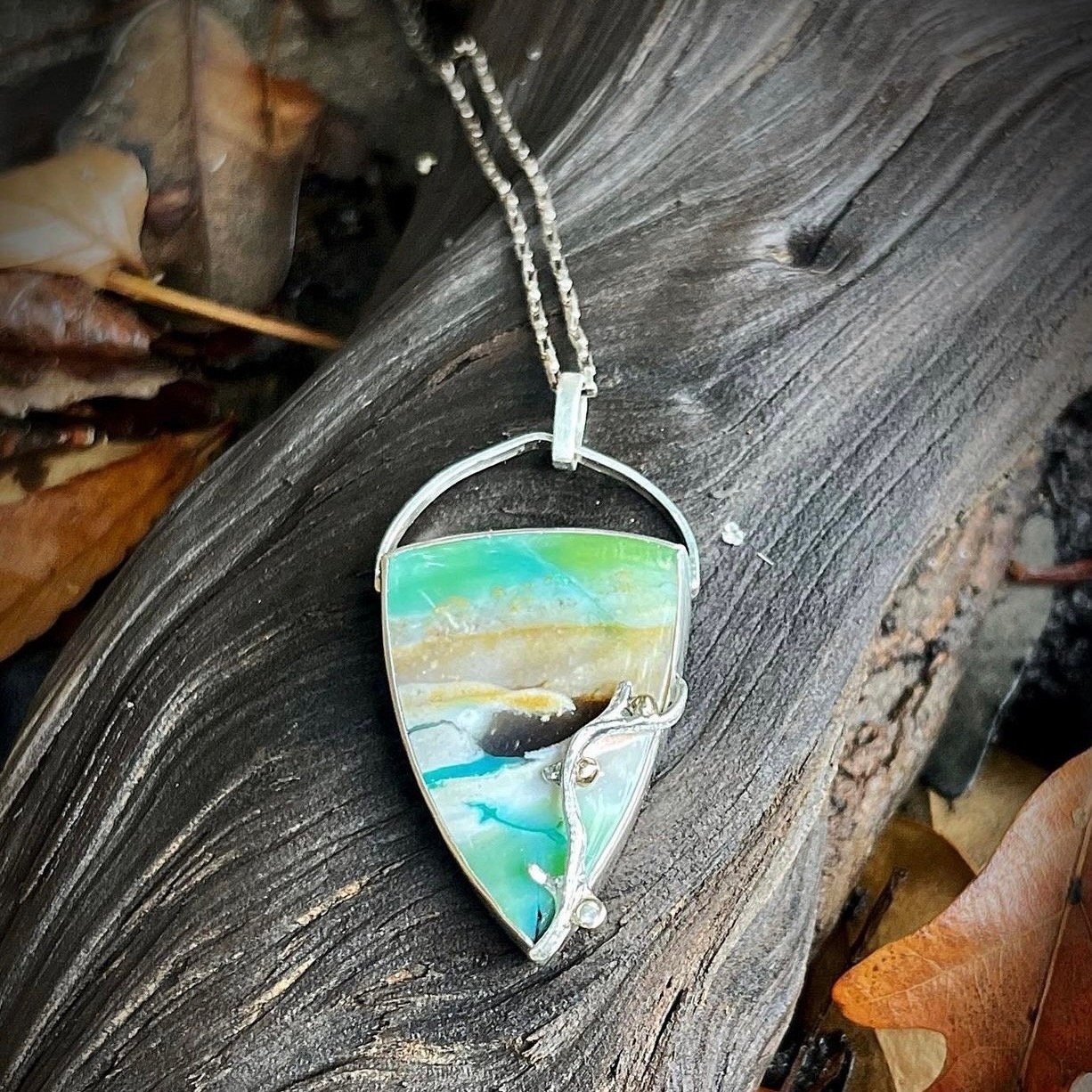 Opalized Wood Pendant w/ Gold & Diamond