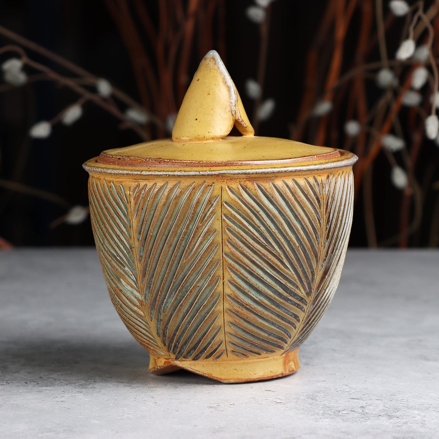 Small Yellow Carved Canister