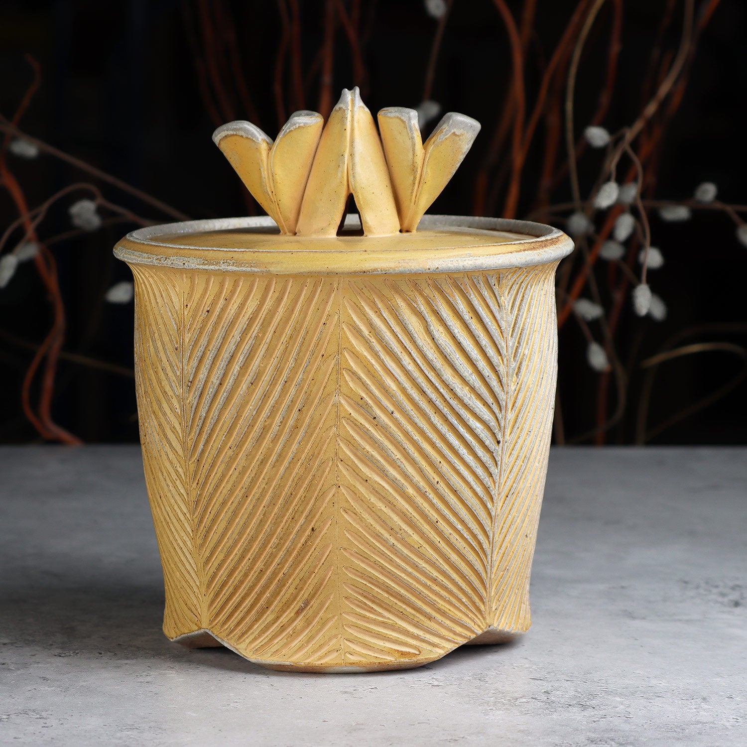 Large Yellow Carved Canister