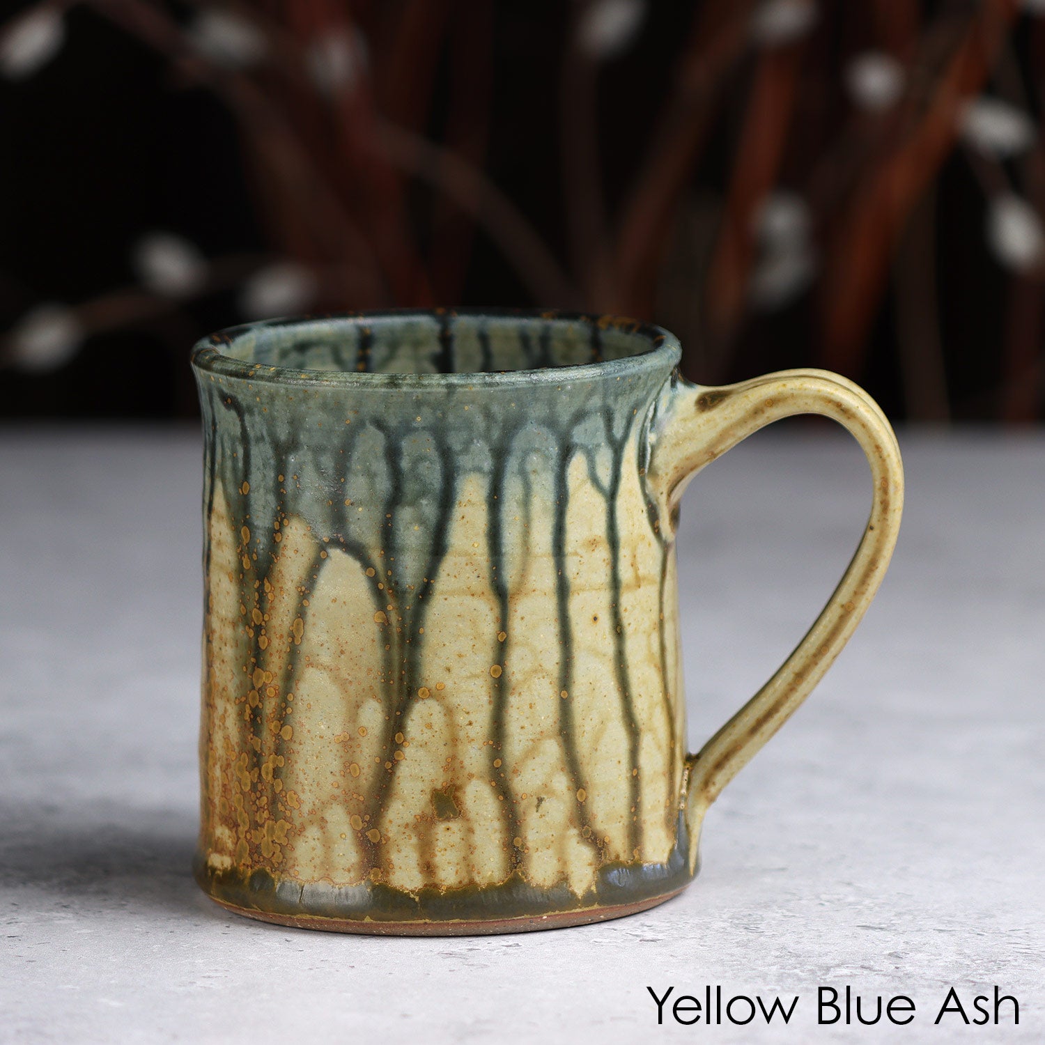 12 oz Handmade Mug Yellow Blue Ash