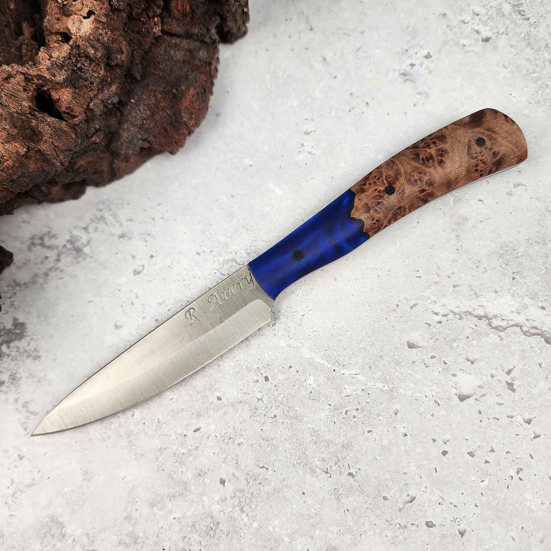 Paring Knife, Blue Resin & Maple Burl