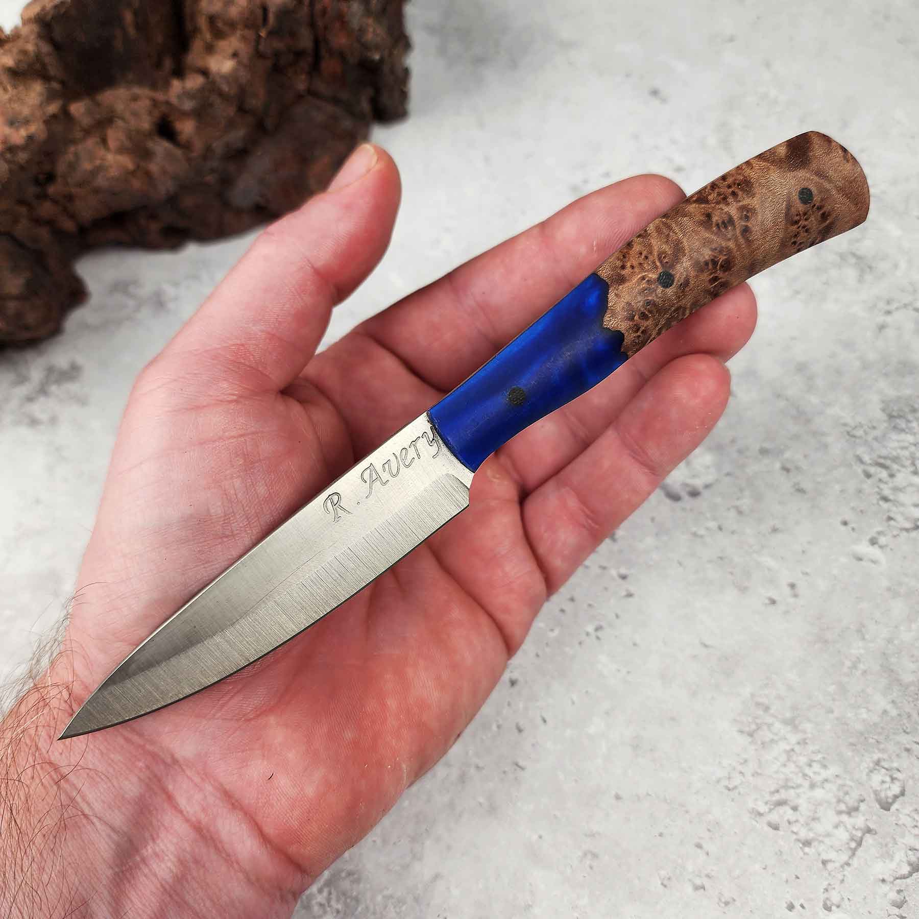 Paring Knife, Blue Resin & Maple Burl