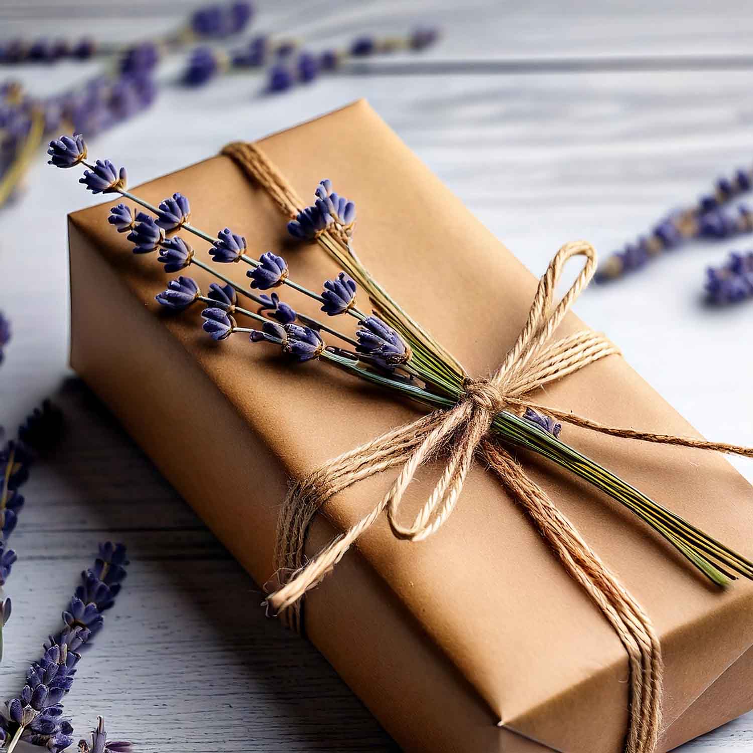 A gift box neatly wrapped with plain brown paper and tied with sisal twine. Sprigs of lavender are tied into the bow that the twine makes.